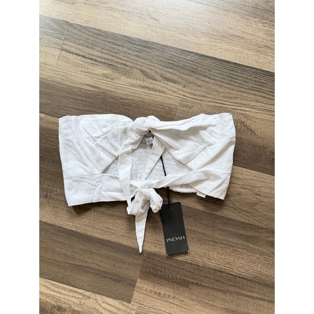 NWT Indah Lipa Tube Top XS White Tie Front Smocked Cropped Strapless Bodice